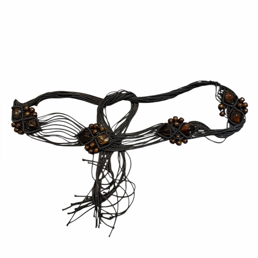 Vintage Y2K Macrame Belt Brown Beaded Boho Hippie Tie Waist Statement Belt